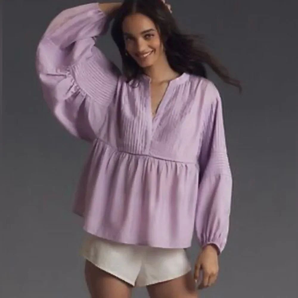 ANTHROPOLOGIE Long-Sleeve Pintuck Blouse Lavender Pleated Sz XL